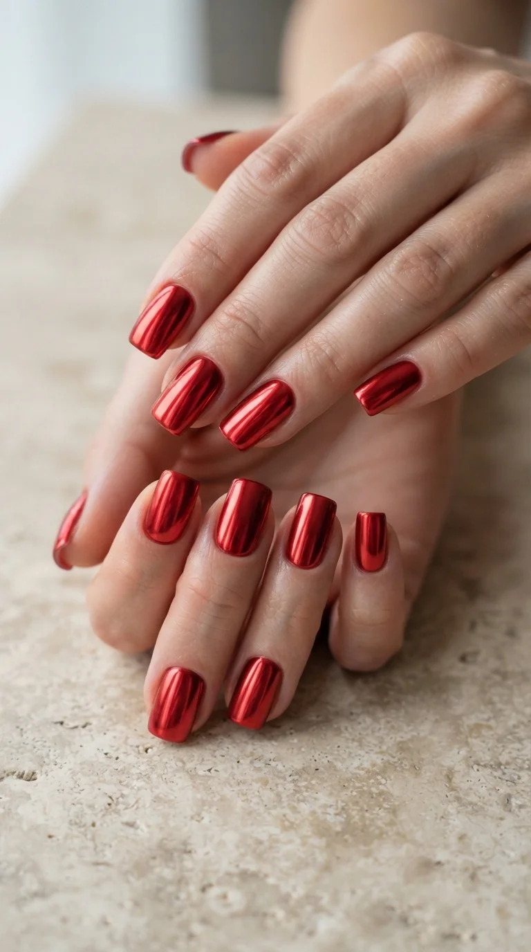 Red Chrome Glazed Square Nails