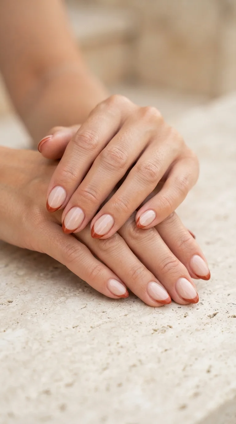 Terracotta French Tips on Short Almond Nails