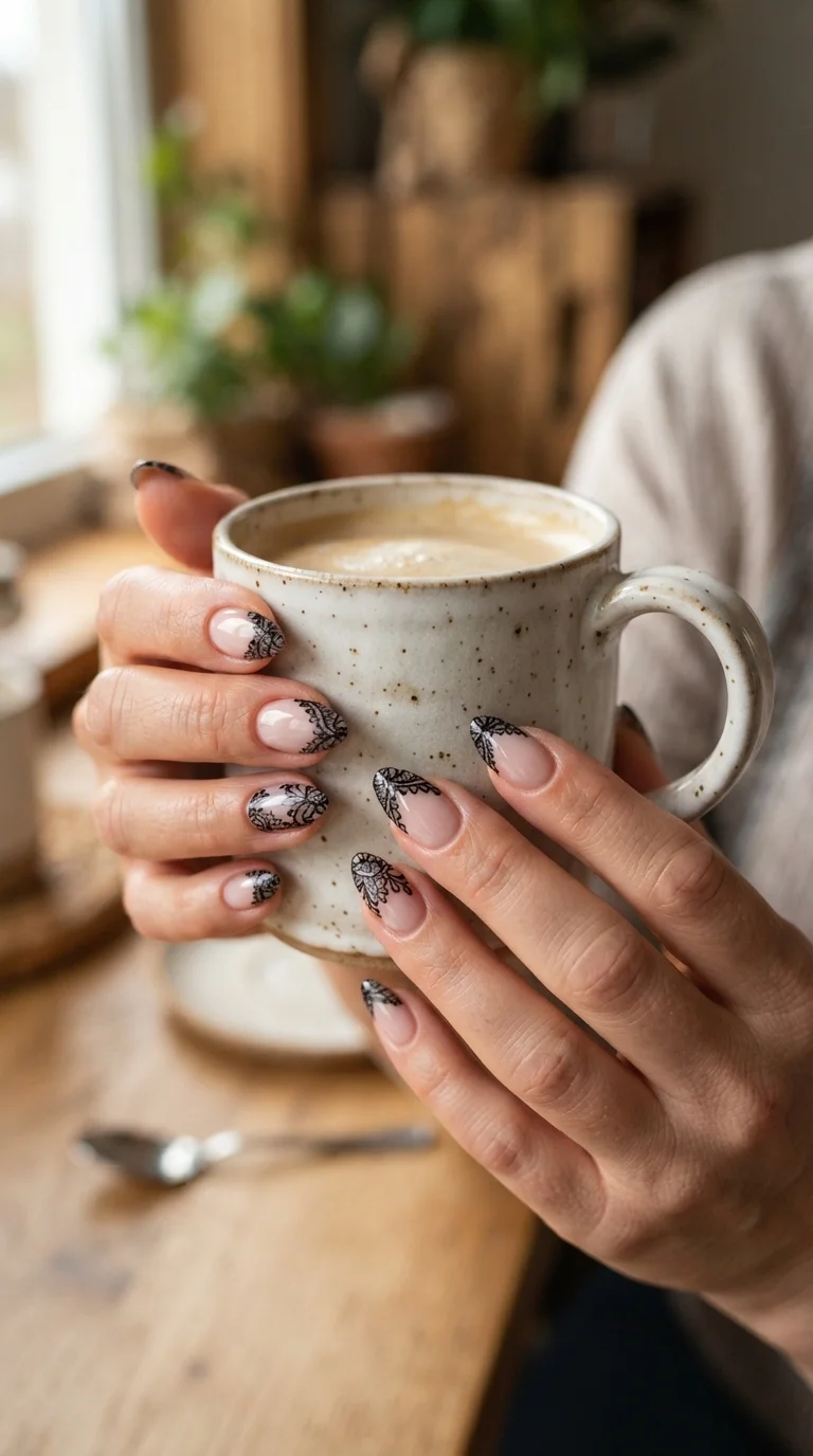 Black Lace Pattern French Tips