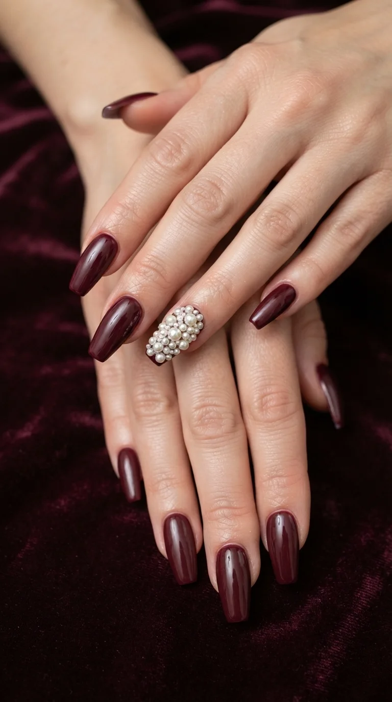 Burgundy Pearl Accent Nails