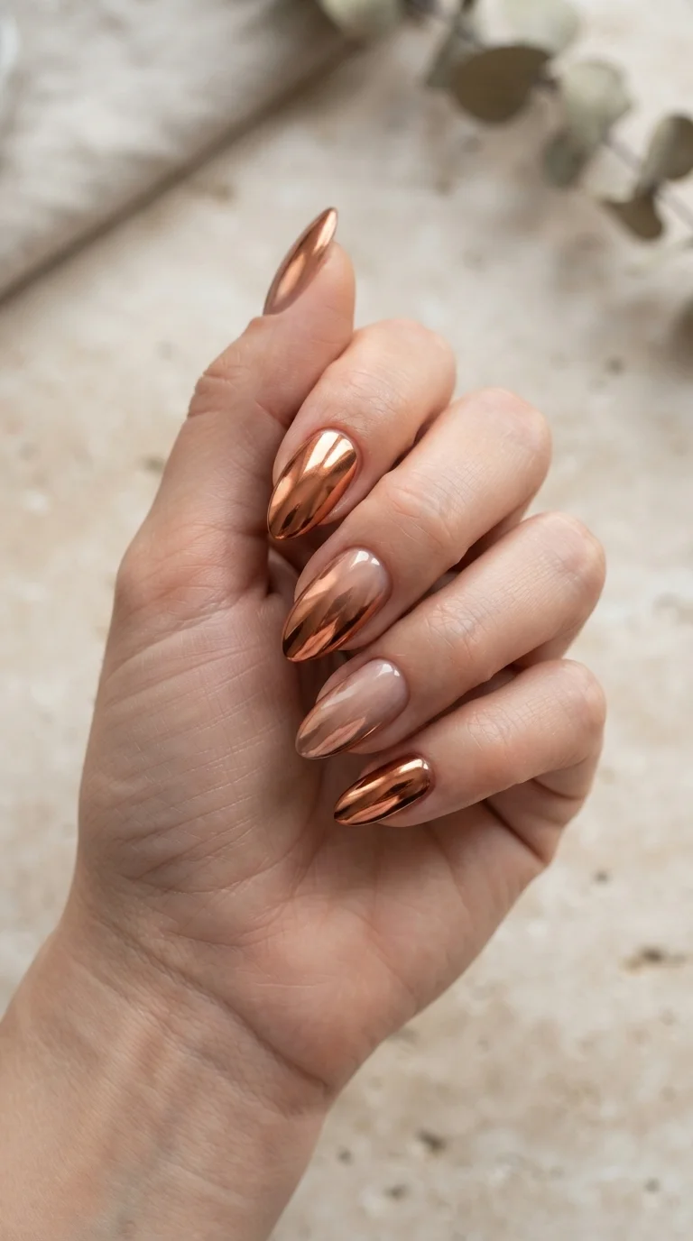 Classic Copper Chrome Almond Nails