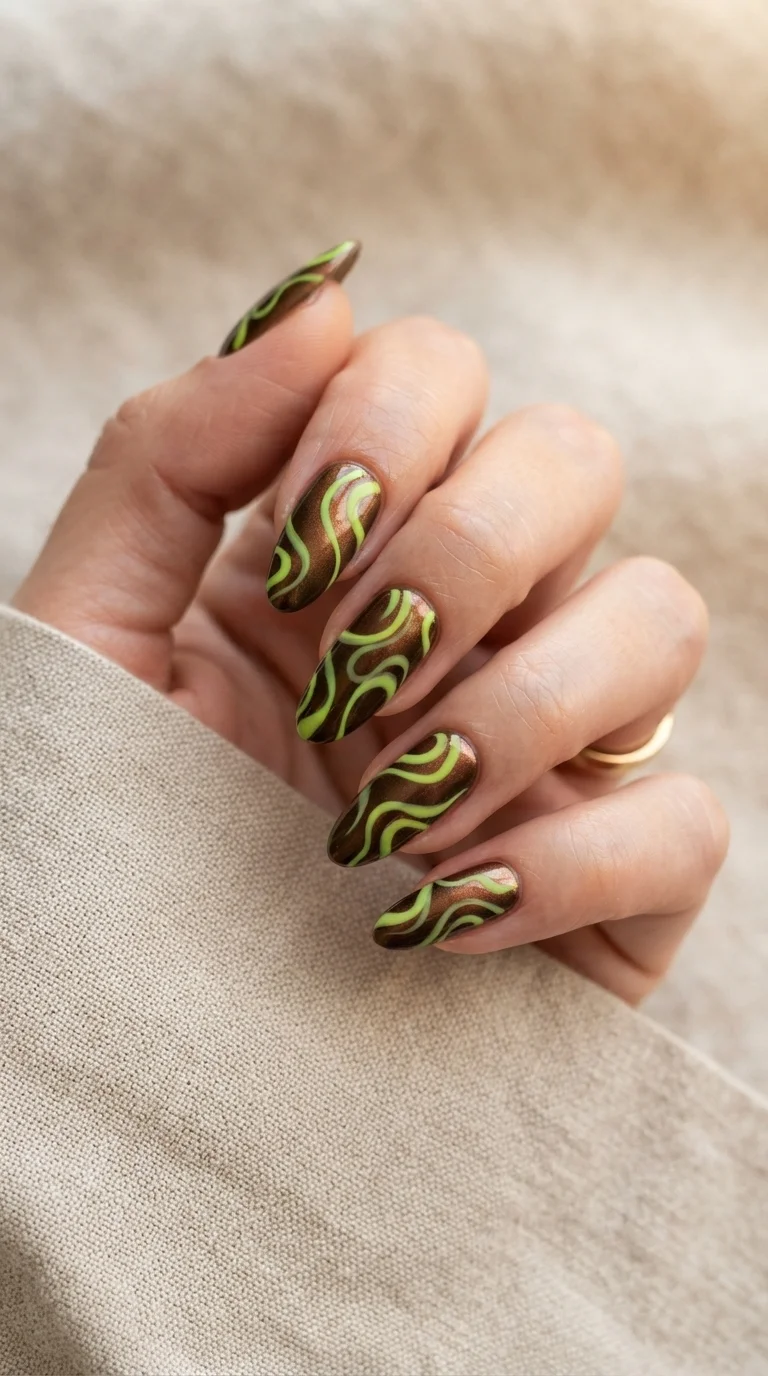Deep Bronze And Lime Swirls