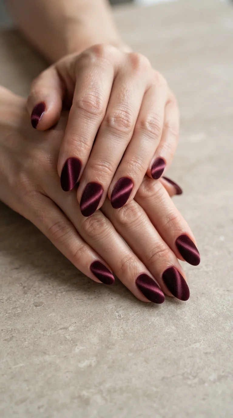 Deep Burgundy Velvet Almond Nails