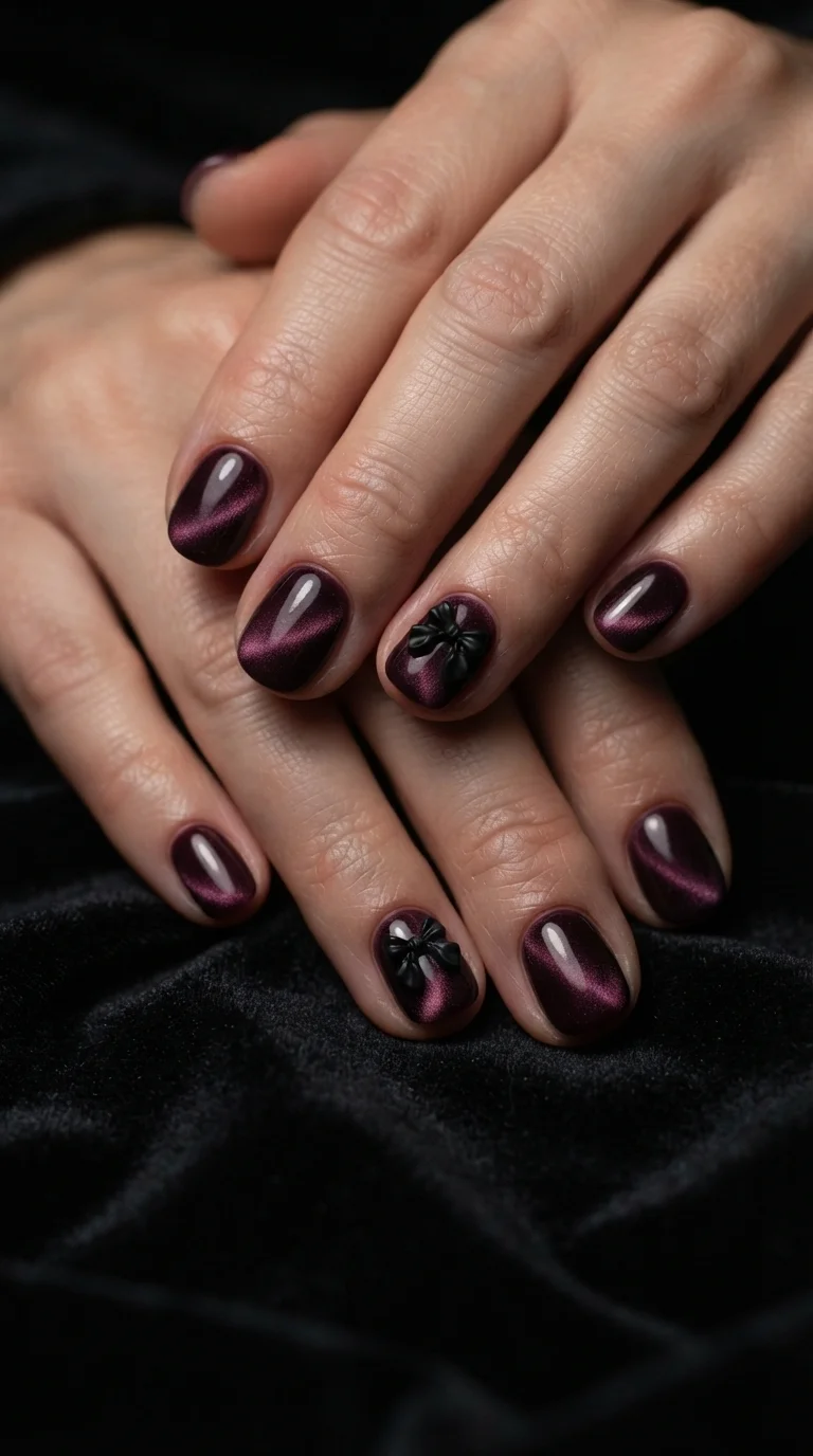 Deep Plum Velvet Bow Nails
