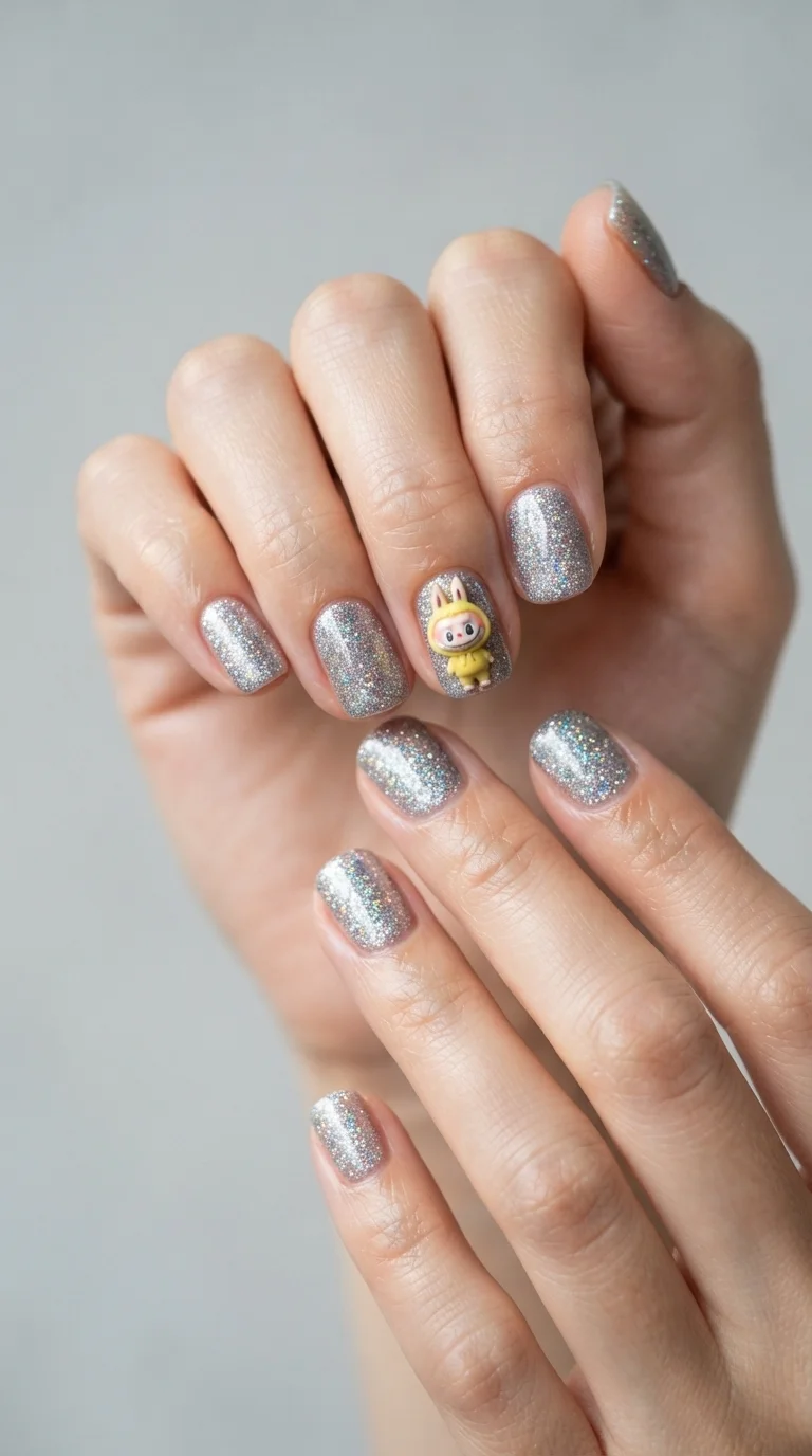 Glitter Encapsulated Labubu Charm Nails