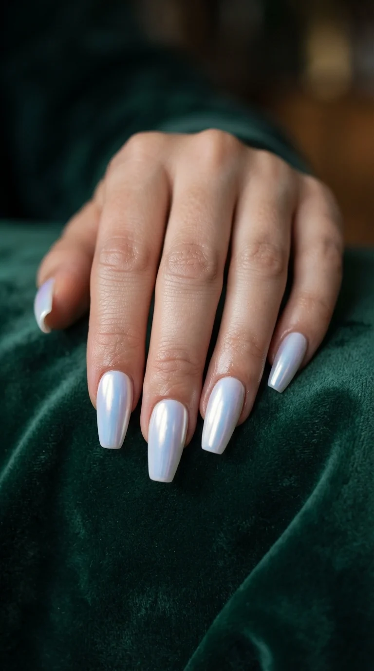 Iridescent White Chrome Coffin Nails