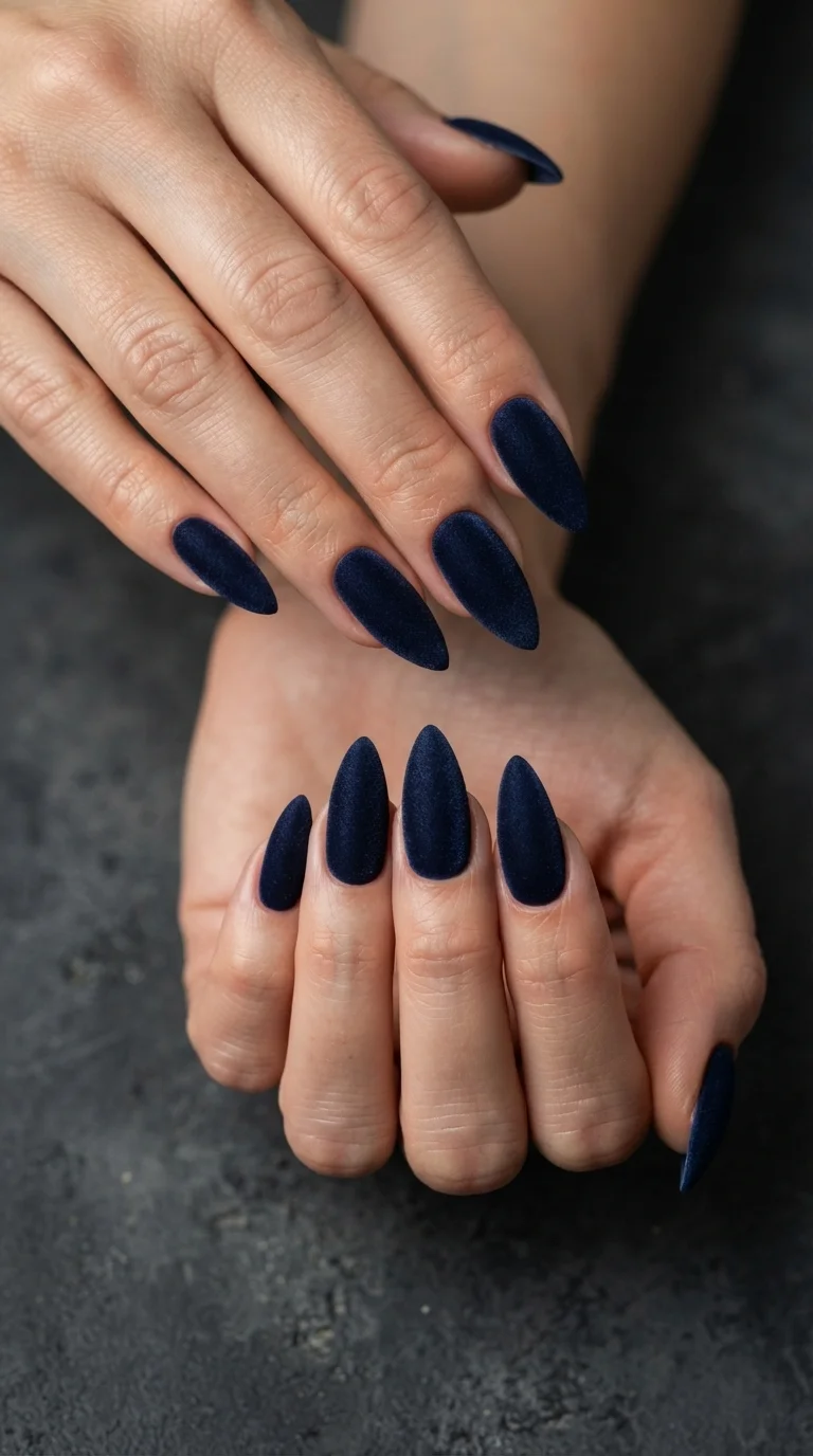 Midnight Blue Velvet Stiletto Nails