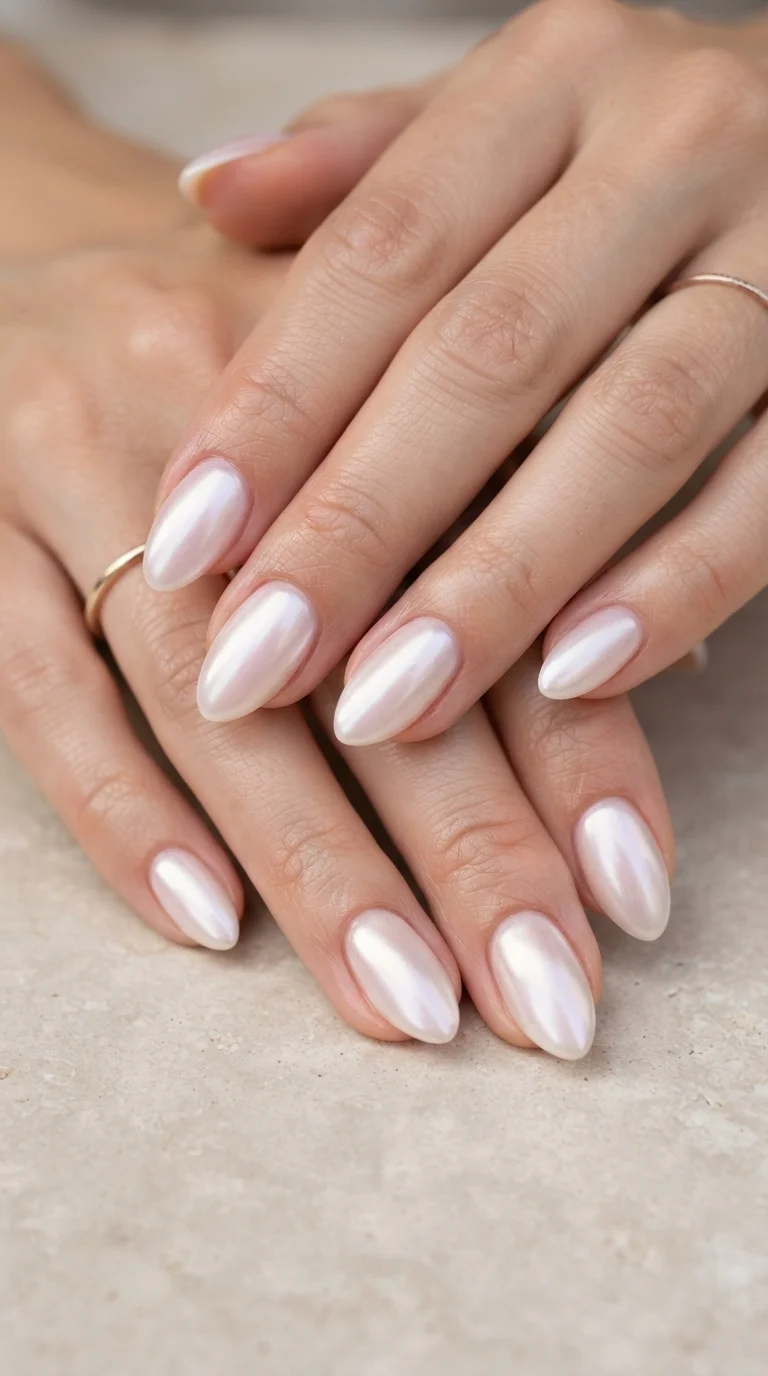 Milky Pink Chrome Almond Nails