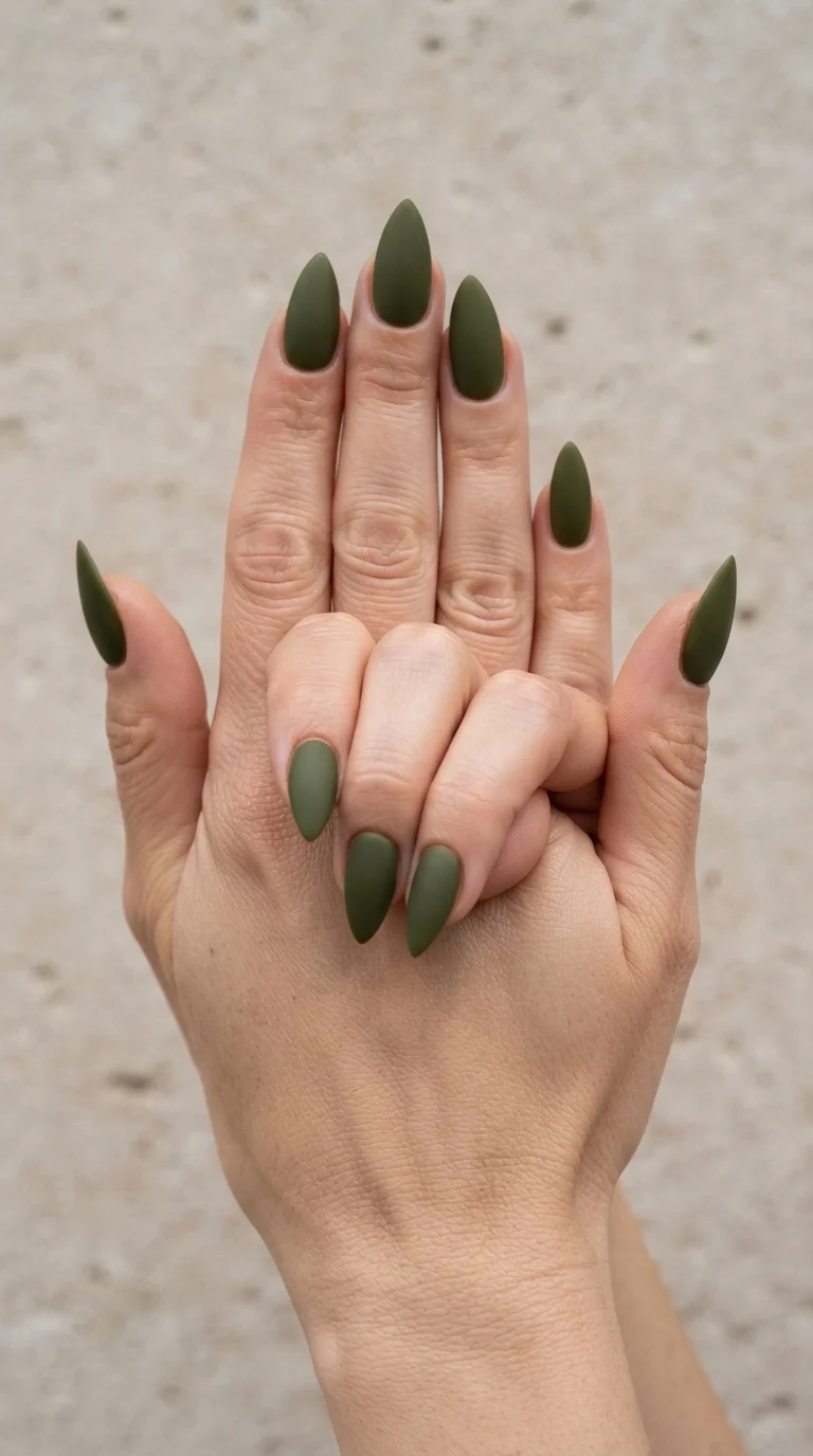 Olive Green Matte Stiletto Nails