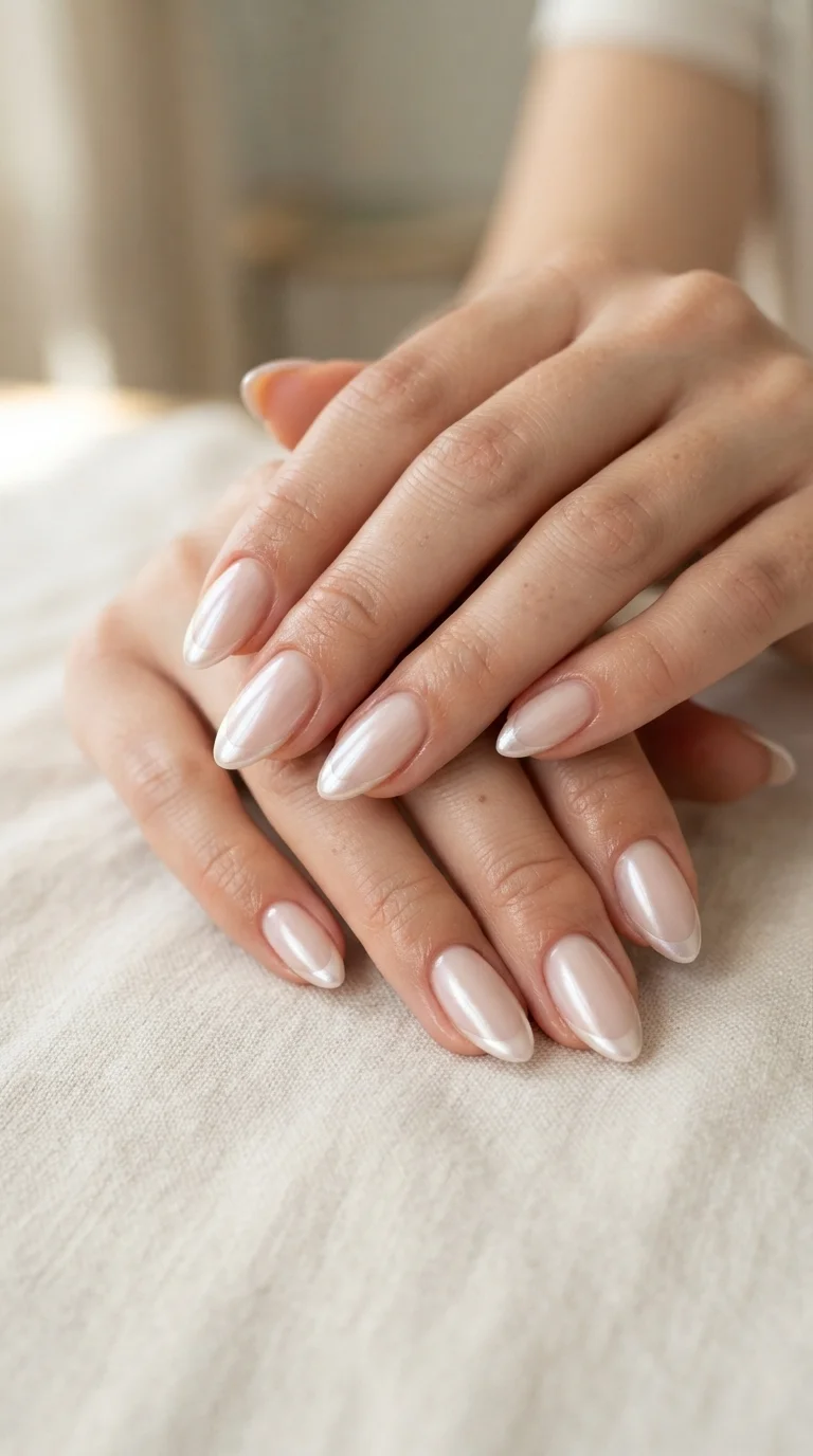 Pearl Chrome French Almond Nails