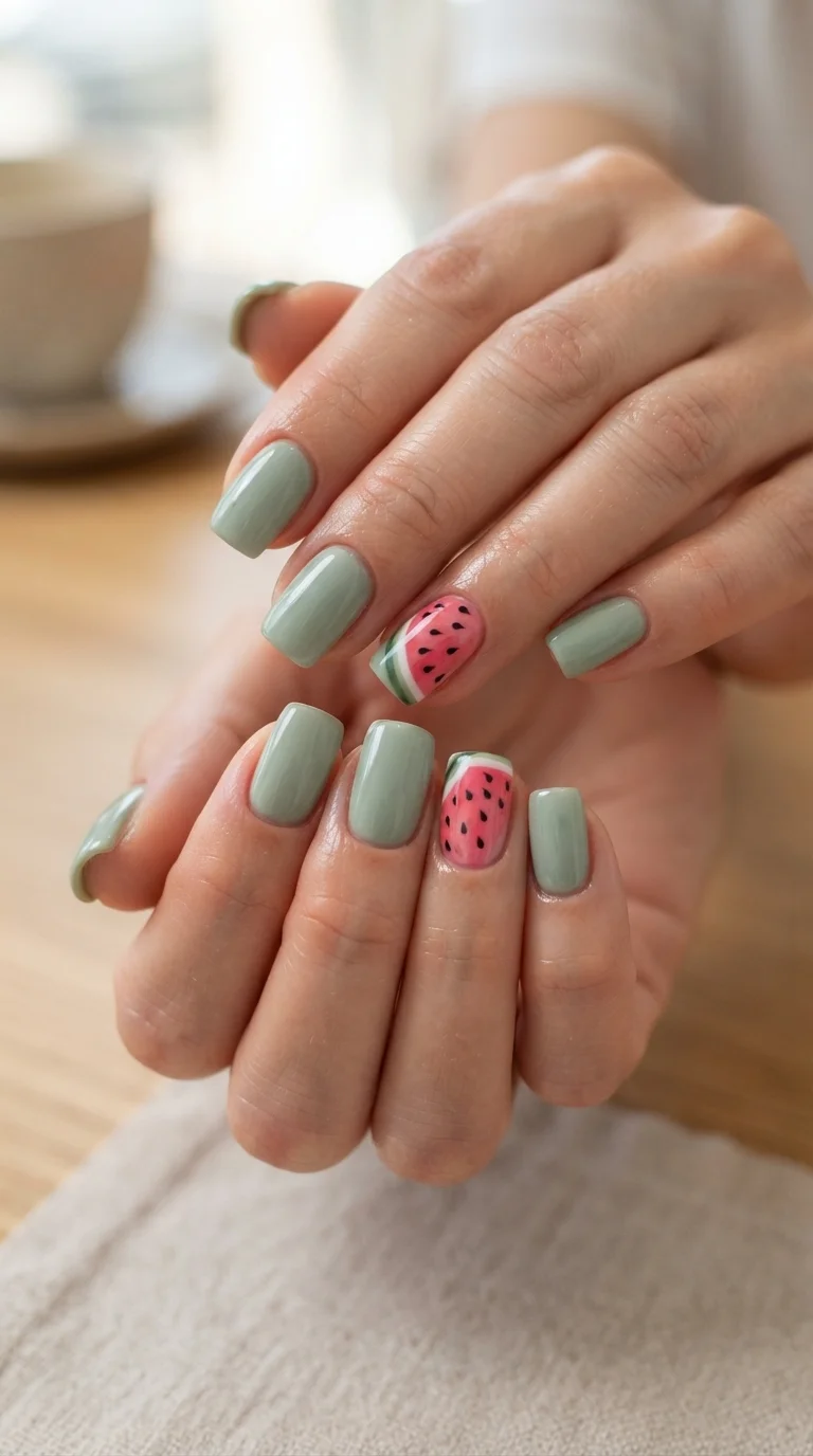 Watermelon Stripe Accent Nails