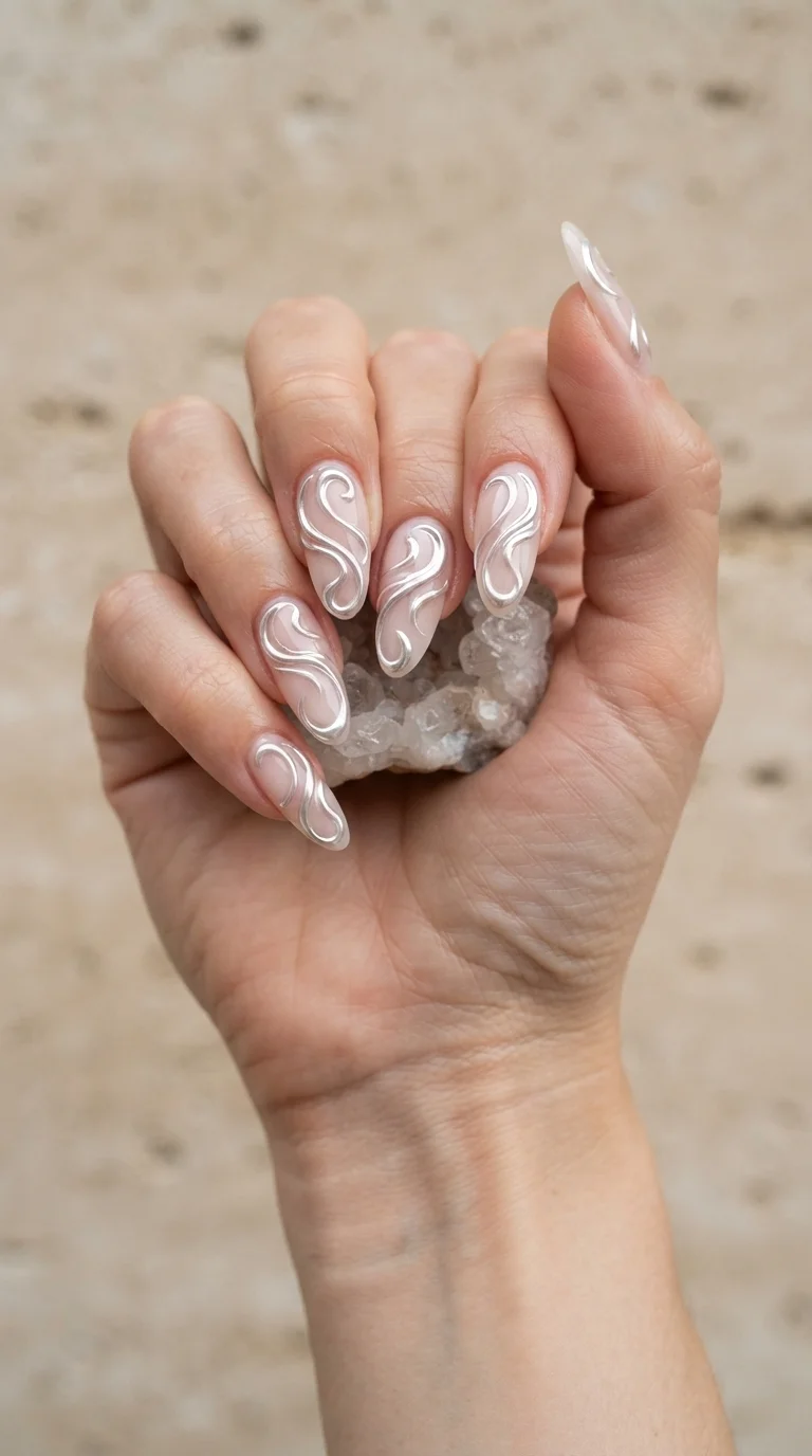 White Chrome Swirl Nail Art